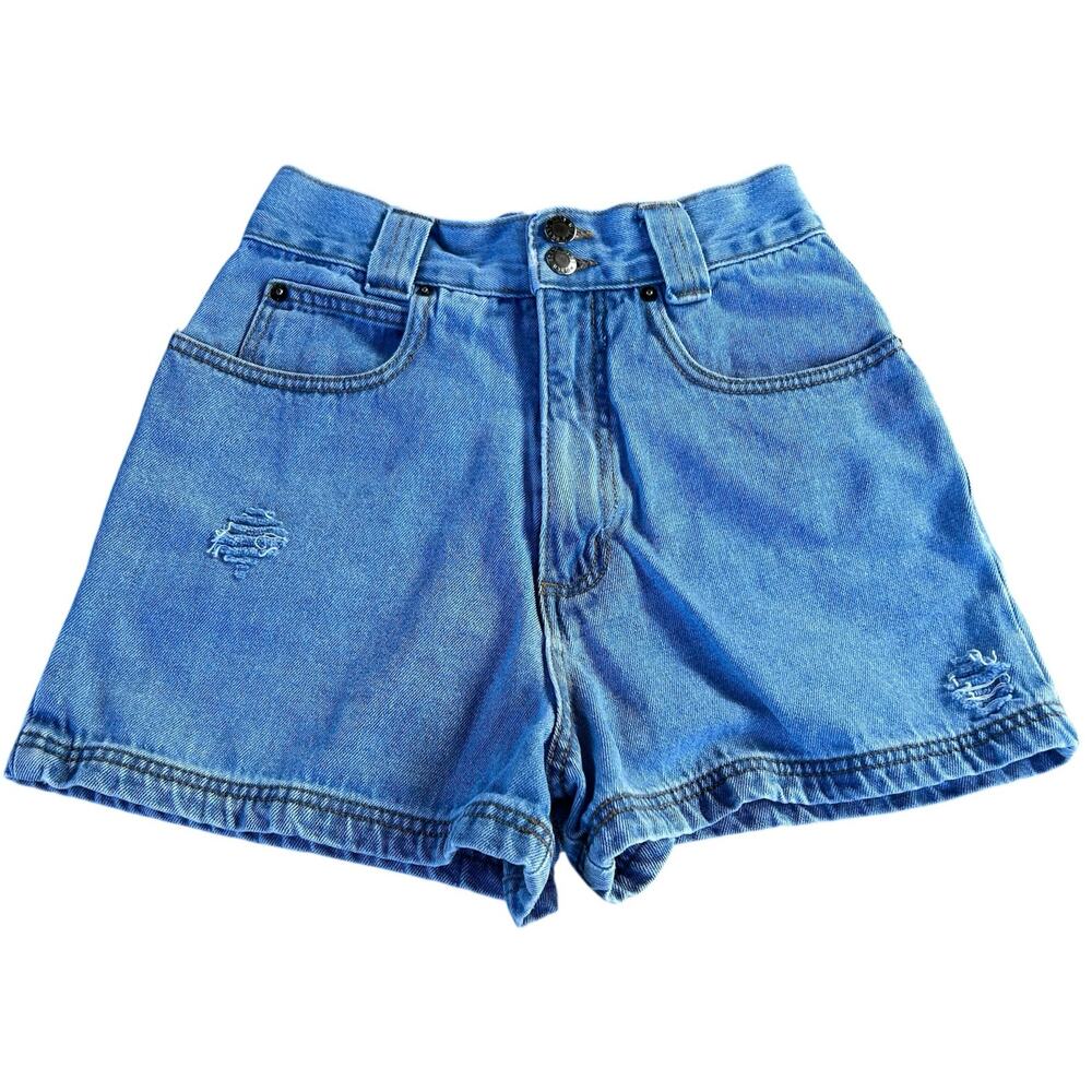 Vintage 90s Size XS High Rise Distressed Med Blue Wash Cotton Denim Shorts USA
